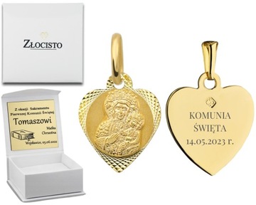ZŁOTY MEDALIK MATKA BOSKA CZĘSTOCHOWSKA W SERCU CHRZEST KOMUNIA PREZENT
