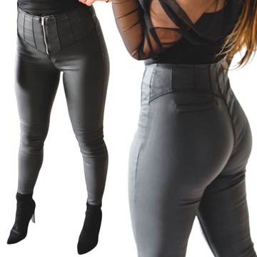 Czarne woskowane spodnie damskie high waist XL