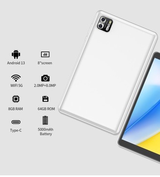 Планшет ПРИТОМ 8 дюймов Android 13, 8 ГБ 4+4 расширения ОЗУ, 64 ГБ ПЗУ WiFi 6