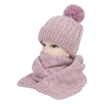 W475D Różowy komplet zimowy damski czapka i szalik