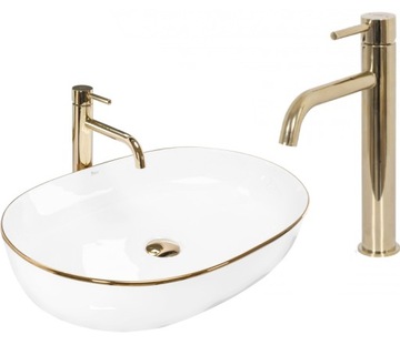 Umywalka Cleo Nablatowa Gold Edge + Bateria Lungo