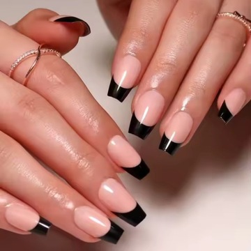 Paznokcie Sztuczne Tipsy Kwadrat Nude Czarny French Różowe Samoprzylepne