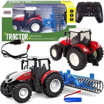 DUŻY TRAKTOR ZDALNIE STEROWANY Z MASZYNĄ ROLNICZĄ GUMOWE KOŁA RC ŚWIATŁO LE
