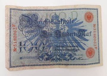 Старая коллекционная банкнота Германии 100 марок 1908 года.