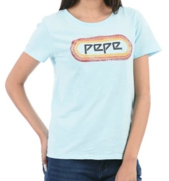 Pepe Jeans niebieski bawełniany t-shirt logo w kolorowej elipsie L