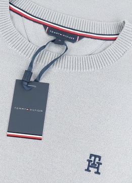 Tommy Hilfiger Sweter męski Klasyczny Gładki Szary Wiskoza r. L + Naklejka