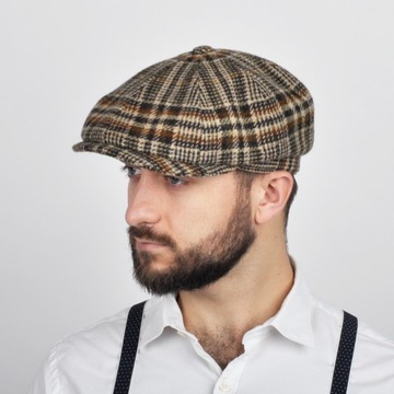 Elegancki kaszkiet męski SHELBY tweed krata beż 58