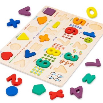 DREWNIANA TABLICA EDUKACYJNA DLA DZIECI PUZZLE NAUKA CYFREK LICZENIA SORTER