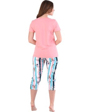 Piżama damska koszulka i spodnie za kolano różowo-niebieska w kwiatki 2XL