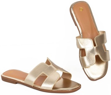 ТАПОЧКИ ЖЕНСКИЕ, ЗОЛОТО, ЭКО-КОЖА, В ПОЛОСКУ 38