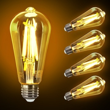 5x Żarówka LED E27 Filament Aigostar ST64 6W=55W 730lm Ciepła
