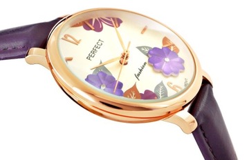 Zegarek Damski PERFECT E323-3 Fioletowy pasek skórzany Biała tarcza Kwiaty