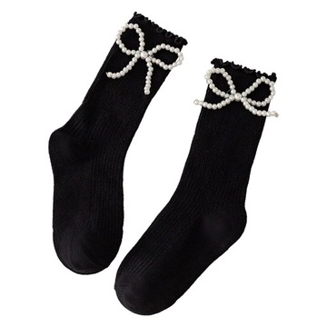 Girl Mid Calf Socks Cute Pearl Bow Comfortable Cotton Elastic Ruffled Hem S
