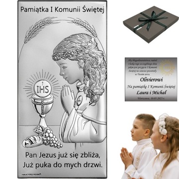 PAMIĄTKA I KOMUNII ŚWIĘTEJ Srebrny Obraz na Komunię dla dziewczynki GRAWER