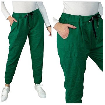 Włoskie spodnie damskie gnieciuchy plus size zielone 44-50