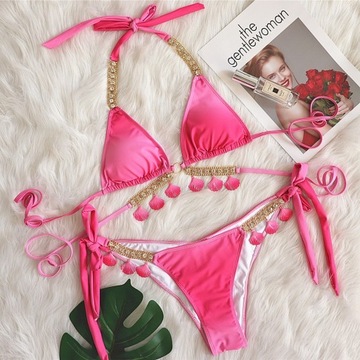 Halter Neck Triangle Bikini Sets, V Neck Ring-Linked Weaving Straps Tie