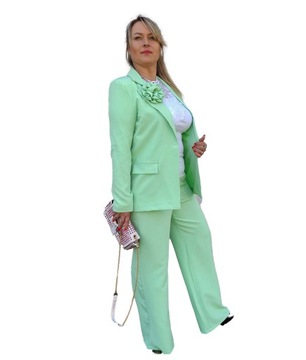 Komplet Elegancki Damski Garnitur Włoski Marynarka spodnie zielony r. L