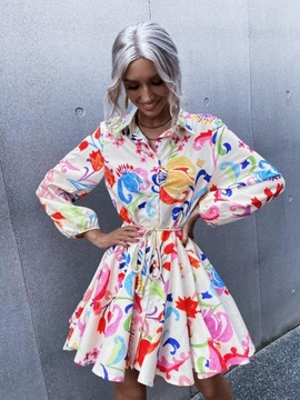 МИНИ-ПЛАТЬЕ-РУБАШКА С УЗОРОМ И ДЛИННЫМИ РУКАВАМИ SHEIN BELT S