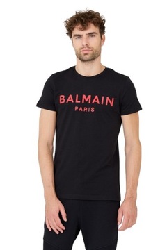 BALMAIN T-shirt czarny z czerwonym logo XXL