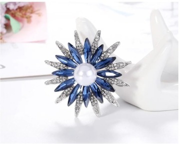 Broszka - koreański kwiat kryształ niebieski z perła - wersja srebrna