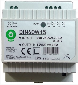 Zasilacz 15V 60W 4A na szynę DIN IP20