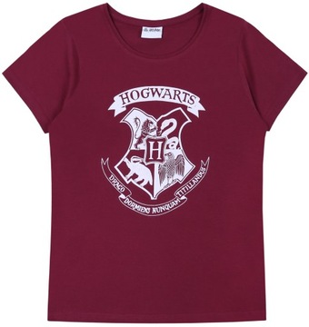 Burgundowy, damski t-shirt z białym logo Hogwartu