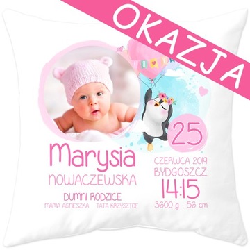 PODUSZKA ZE ZDJĘCIEM METRYCZKA CHRZEST URODZINY