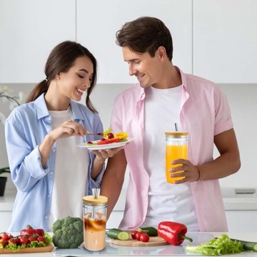 СТЕКЛЯННЫЕ КРУЖКИ С КРЫШКОЙ И СОЛОМОЧКОЙ, НАБОР ИЗ 4 СТАКАНОВ, 720 МЛ