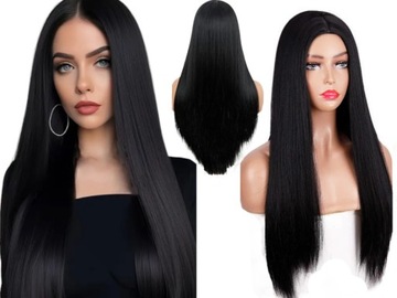 PERUKA DAMSKA WŁOSY DŁUGIE CZARNE PROSTE SZTUCZNE SYNTETYCZNE 65CM BRUNETKA