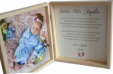 Podziękowanie dla chrzestnych 20 x 20 cm / skrzyneczka zdjęcie chrzest