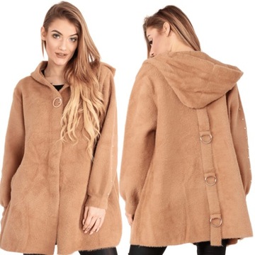 ALPAKA DAMSKA PŁASZCZ KURTKA SWETER CIEPŁA DŁUGA KAPTUR WYGODNA CAMEL 2006