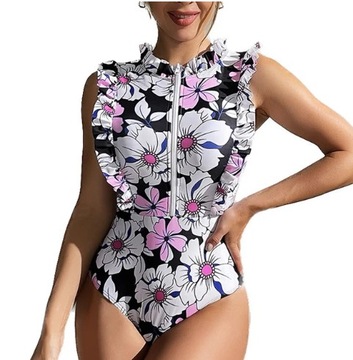 KOBIECY JEDNOCZĘŚCIOWY STRÓJ KĄPIELOWY BIKINI Z FALBANKAMI ZAMEK W KWIATY