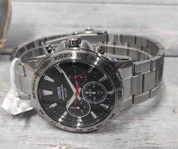 SREBRNY WODOSZCZELNY MĘSKI ZEGAREK LORUS CHRONOGRAF SOLARNY RZ501AX9 100M