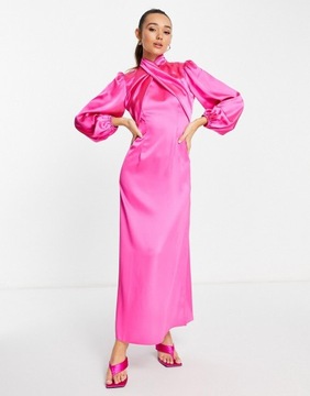 DESIGN Różowa satynowa sukienka maxi kopertowa M