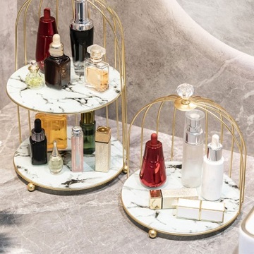 Półka na przybory do makijażu, stojak do przechowywania kosmetyków z marmurową tacą, 2 poziomy