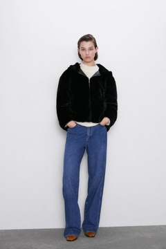 ZARA КРАСИВАЯ ЧЕРНАЯ ШУБА С КАПЮШОНОМ __ 34/XS
