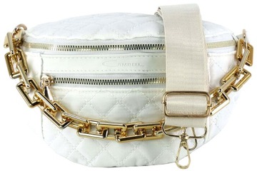 DAMSKA ELEGANCKA SASZETKA NERKA TOREBKA CROSSBODY BAG NA RAMIĘ BIAŁA ZŁOTY