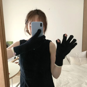 Pure Color Knitted Woolen Gloves Female Winter Screen Student Riding Split