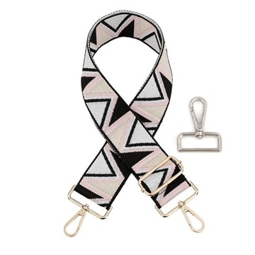 PASEK DO TOREBKI TORBY CZARNY BEŻ RÓŻOWY ZYGZAK SREBRNE OKUCIE SZEROKI 5CM