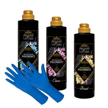 Preziosi 3x włoski płyn do mycia podłóg CLEAN, FRESH, BRASIL + rękawice