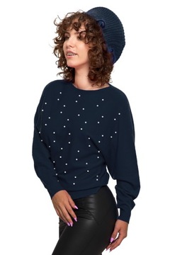 SWETER DAMSKI Z PEREŁKAMI I KIMONOWYM RĘKAWEM ELEGANCKI MORAJ GRANATOWY S/M