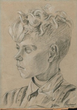 38255 Portret. Chlopiec. Olowek i kreda. Sygnowany Bernhard?. 1949.