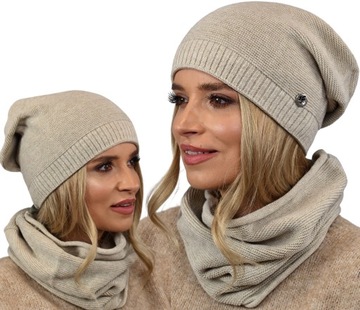 Beżowy Komplet Damski Czapka Beanie plus Komin B1