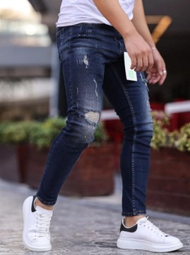 SPODNIE JEANSOWE MĘSKIE WYTARCIA MODNE i8 Denim Skinny Ciemne Niebieskie 30