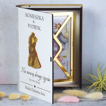 Свадебная подарочная книжная коробка с золотым украшением и конвертом для денег