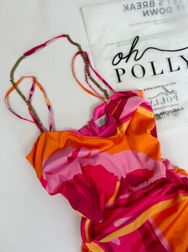 Oh Polly sukienka różowa mini marszczona satynowa z łańcuszkiem markowa M