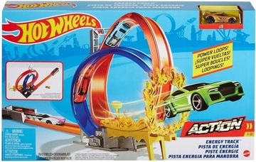 HOT WHEELS TOR SAMOCHODOWY PODWÓJNA PĘTLA i WYSKOCZNIA + 2x AUTKO i PLAKAT