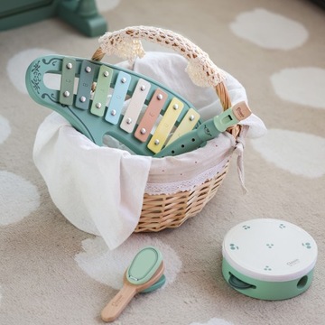 DREWNIANY DUŻY ZESTAW VINTAGE INSTRUMENTY MUZYCZNE CYMBAŁKI CLASSIC WORLD