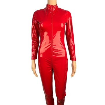 Women PU Faux Leather Jumpsuit Sexy Shiny Zipper L