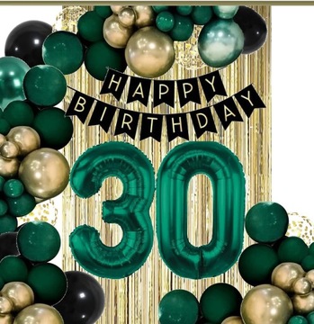 BALONY kurtyna dekoracje na urodziny cyfra 30 lat zielone złote czarne